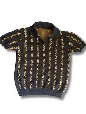Date Night Black Knit Polo Sweater with Gold Diamond Stripe